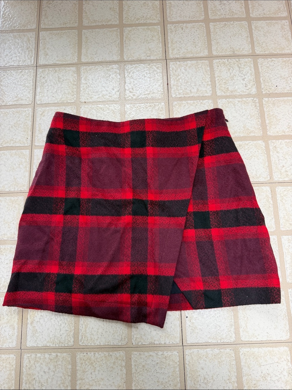 Abercrombie & Fitch Red and Black Plaid Wrap-Style Mini Skirt